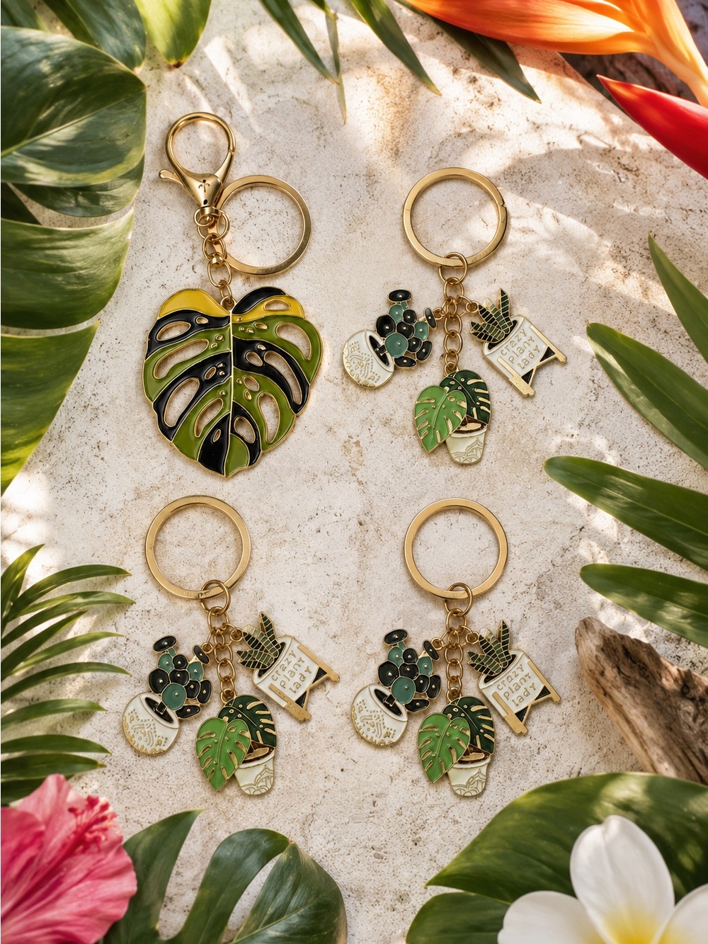 Plant Theme Keychain Set Floral Botanical Charm 4 Pack Gift